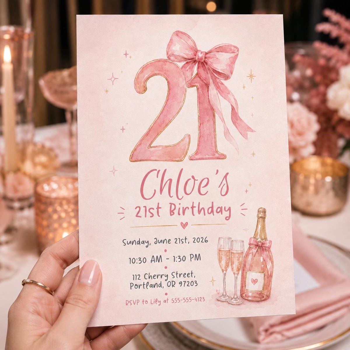 Pink Watercolor 21st Birthday Invitation for Girls — invitation you personalize in Canva