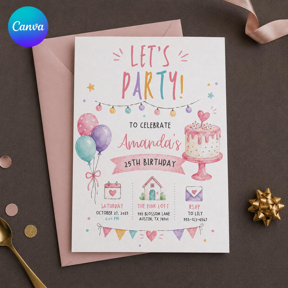 Pink Watercolor 25th Birthday Invitation — editable Canva template