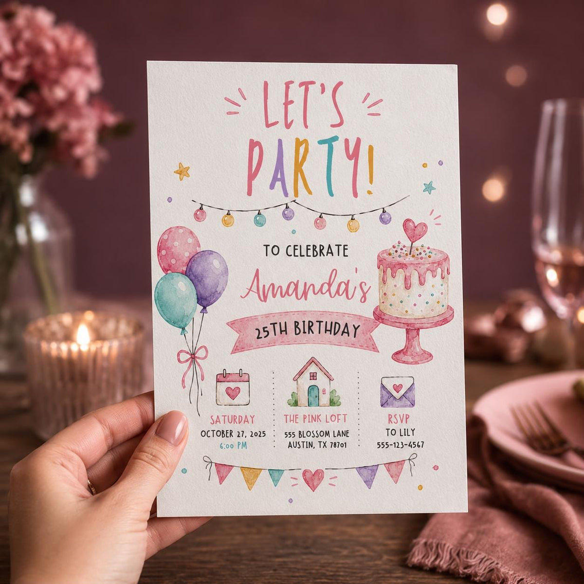 Pink Watercolor 25th Birthday Invitation — invitation you personalize in Canva