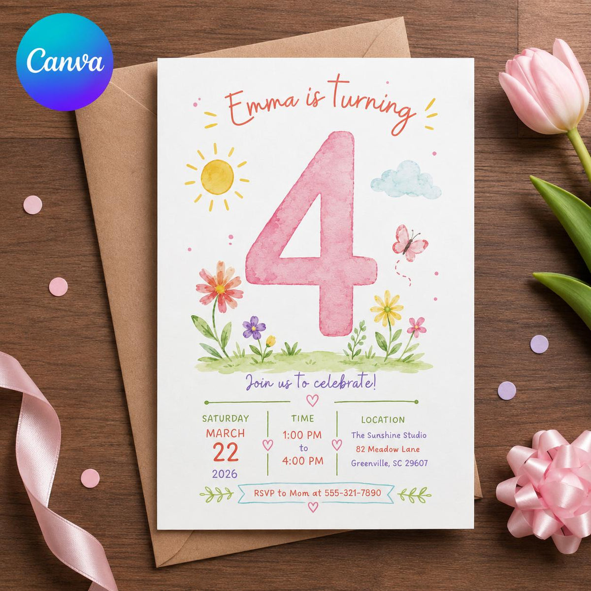 Pink Watercolor 4th Birthday Invitation for Girls — editable Canva template