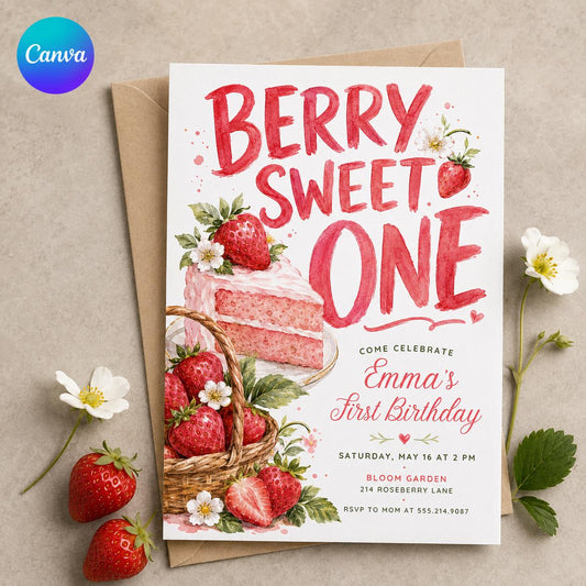 Pink Watercolor Berry Sweet One First Birthday Invitation for Girls — editable Canva template