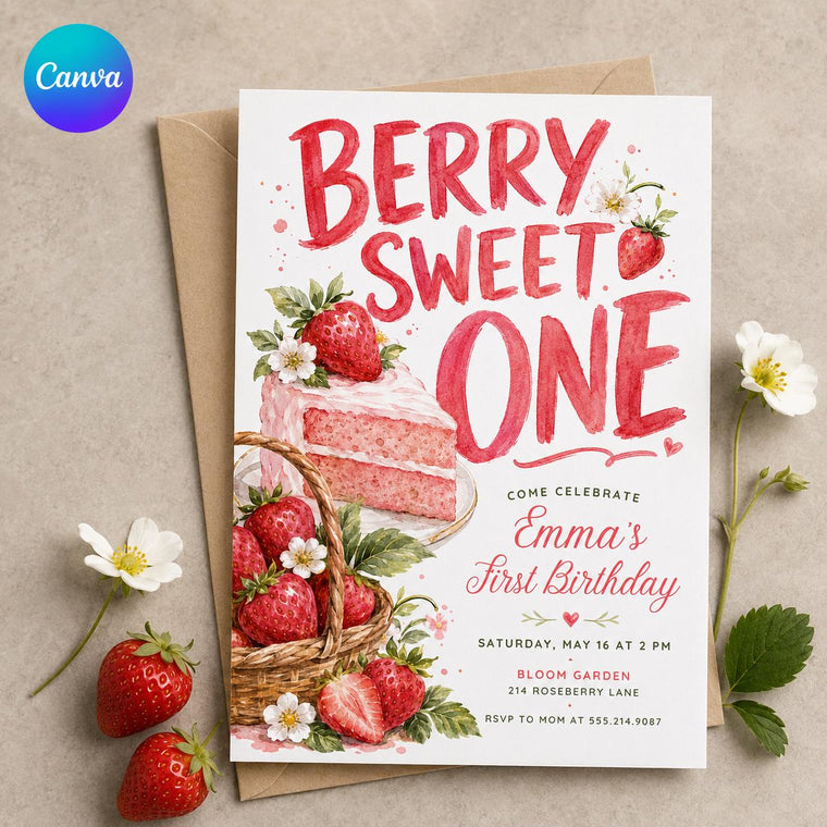 Pink Watercolor Berry Sweet One First Birthday Invitation for Girls