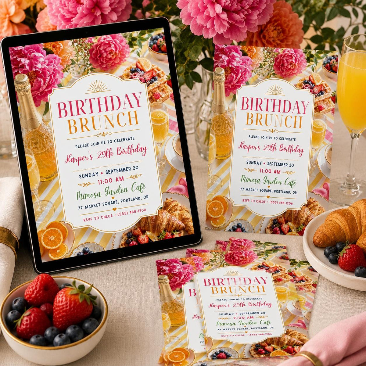 Pink Watercolor Birthday Brunch Invitation — pancake design