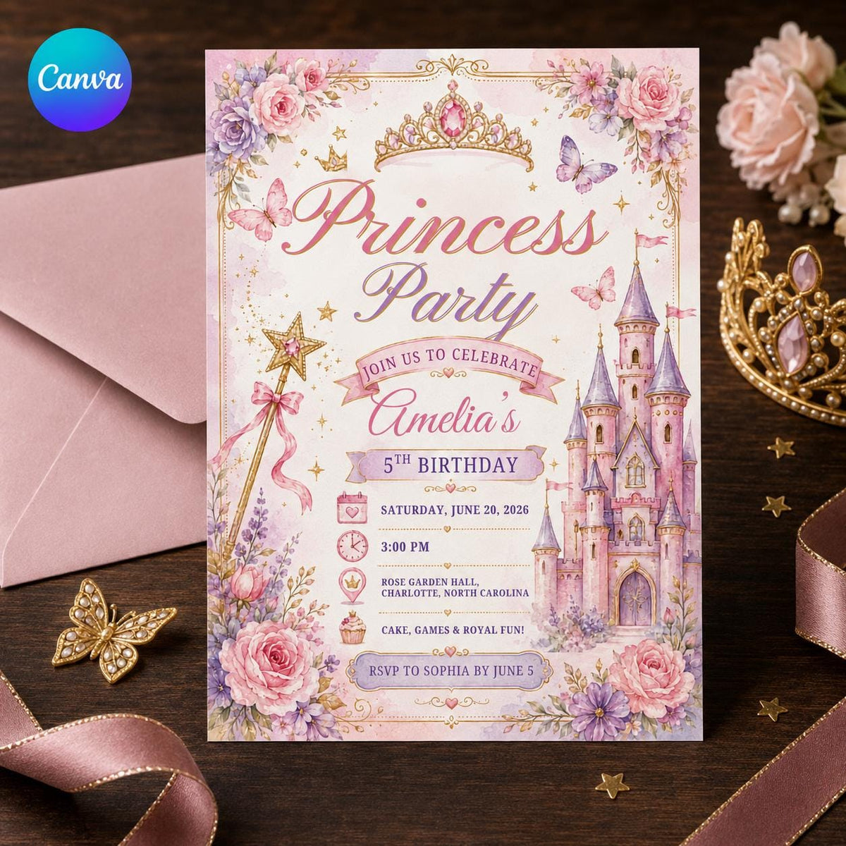 Pink Watercolor Castle Princess 5th Birthday Invitation for Girls — editable Canva template