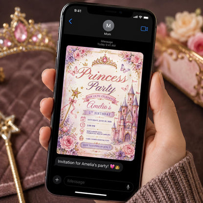 Pink Watercolor Castle Princess 5th Birthday Invitation for Girls — digital invitation, instant download