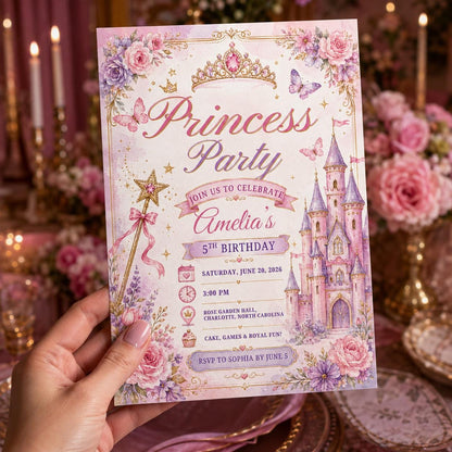 Pink Watercolor Castle Princess 5th Birthday Invitation for Girls — 5th birthday party stationery by VoltBy