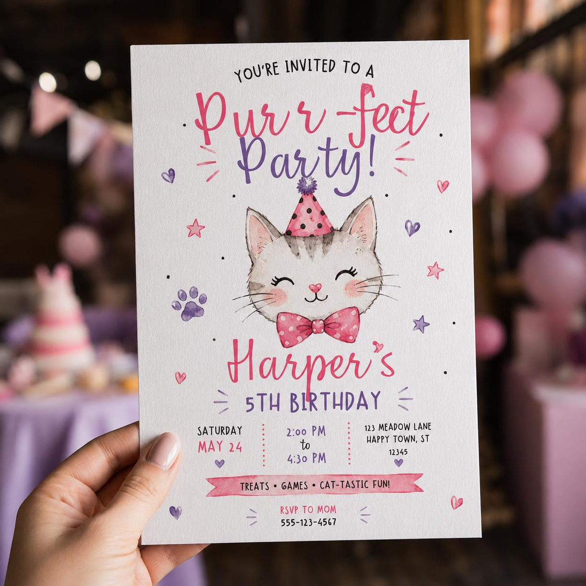 Pink Watercolor Cat 5th Birthday Invitation for Girls — print-ready 5th birthday party design from VoltBy