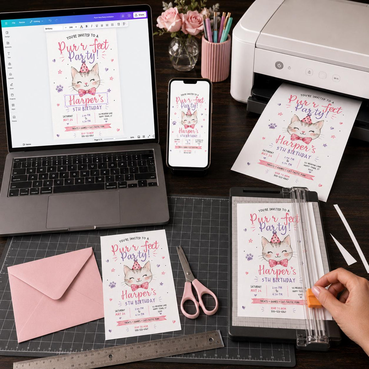Pink Watercolor Cat 5th Birthday Invitation for Girls — digital invitation, instant download