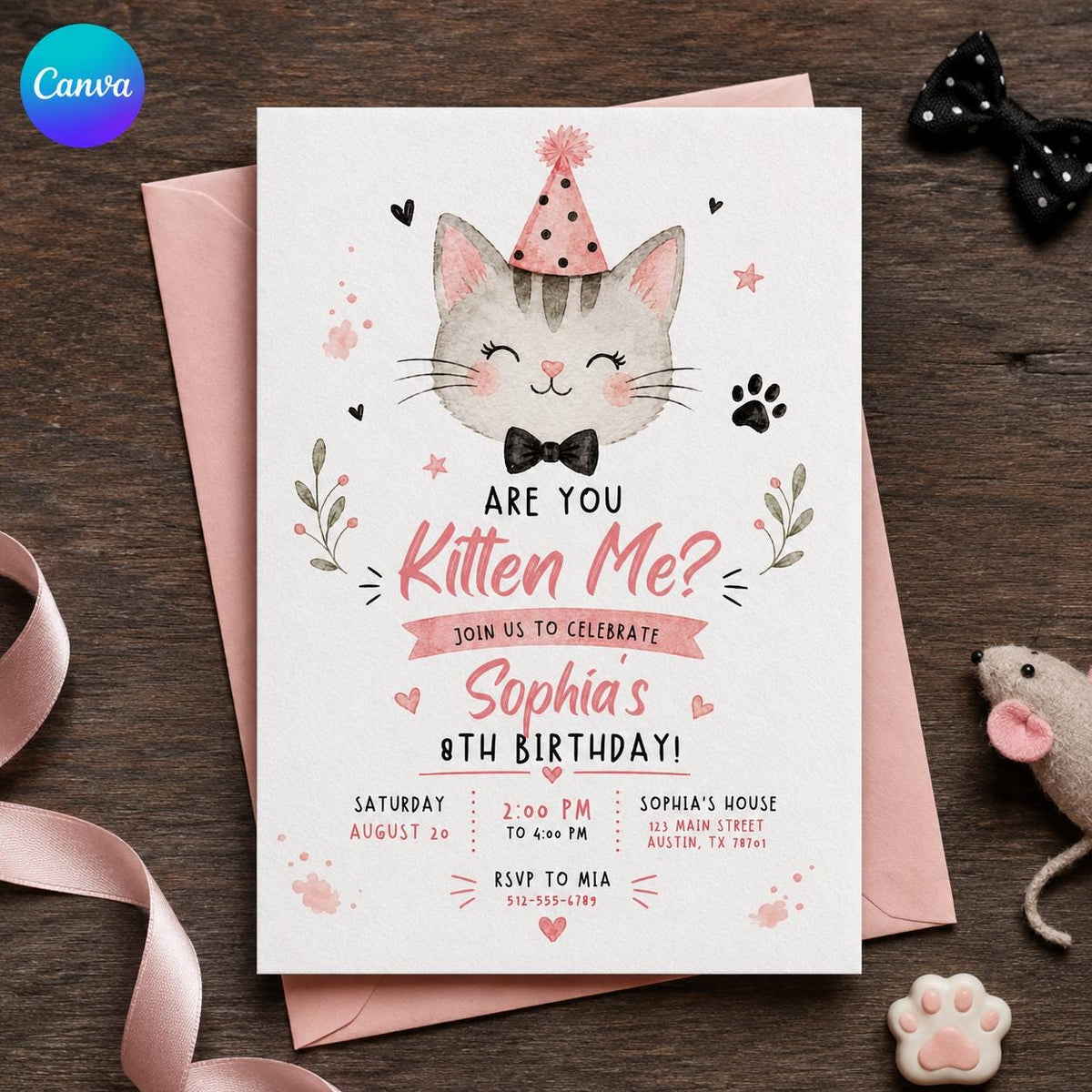 Pink Watercolor Cat 8th Birthday Invitation for Girls — editable Canva template