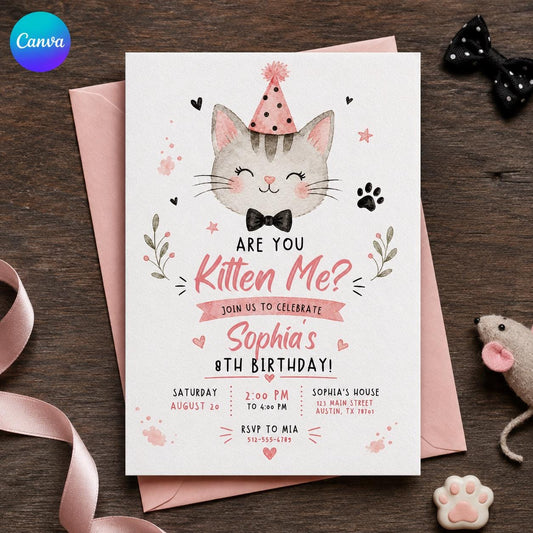 Pink Watercolor Cat 8th Birthday Invitation for Girls — editable Canva template