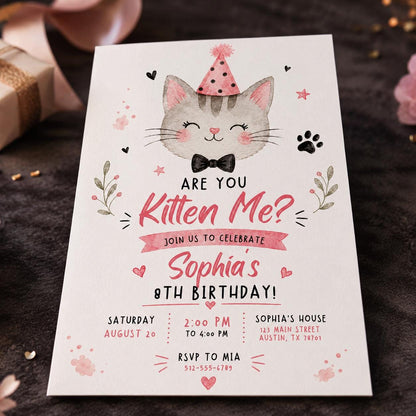 Pink Watercolor Cat 8th Birthday Invitation for Girls — invitation you personalize in Canva
