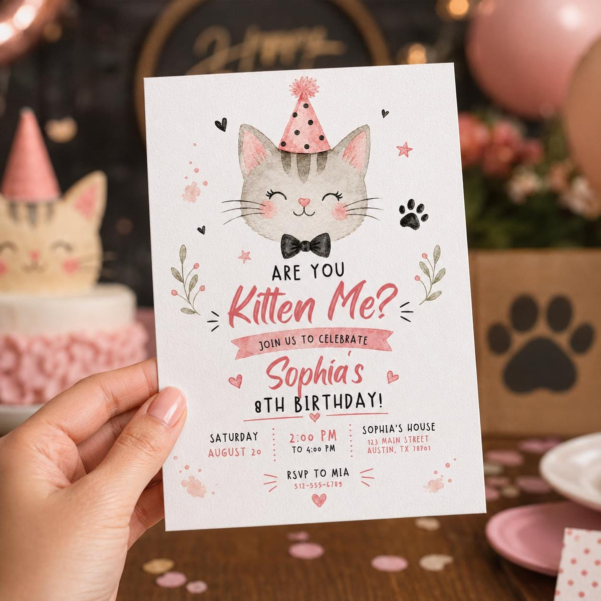 Pink Watercolor Cat 8th Birthday Invitation for Girls — digital invitation, instant download