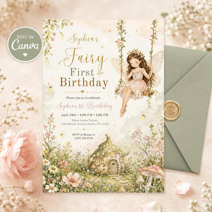 Pink Watercolor Fairy 1st Birthday Invitation Printed or Digital — editable Canva template
