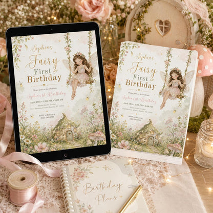 Pink Watercolor Fairy 1st Birthday Invitation Printed or Digital — floral design