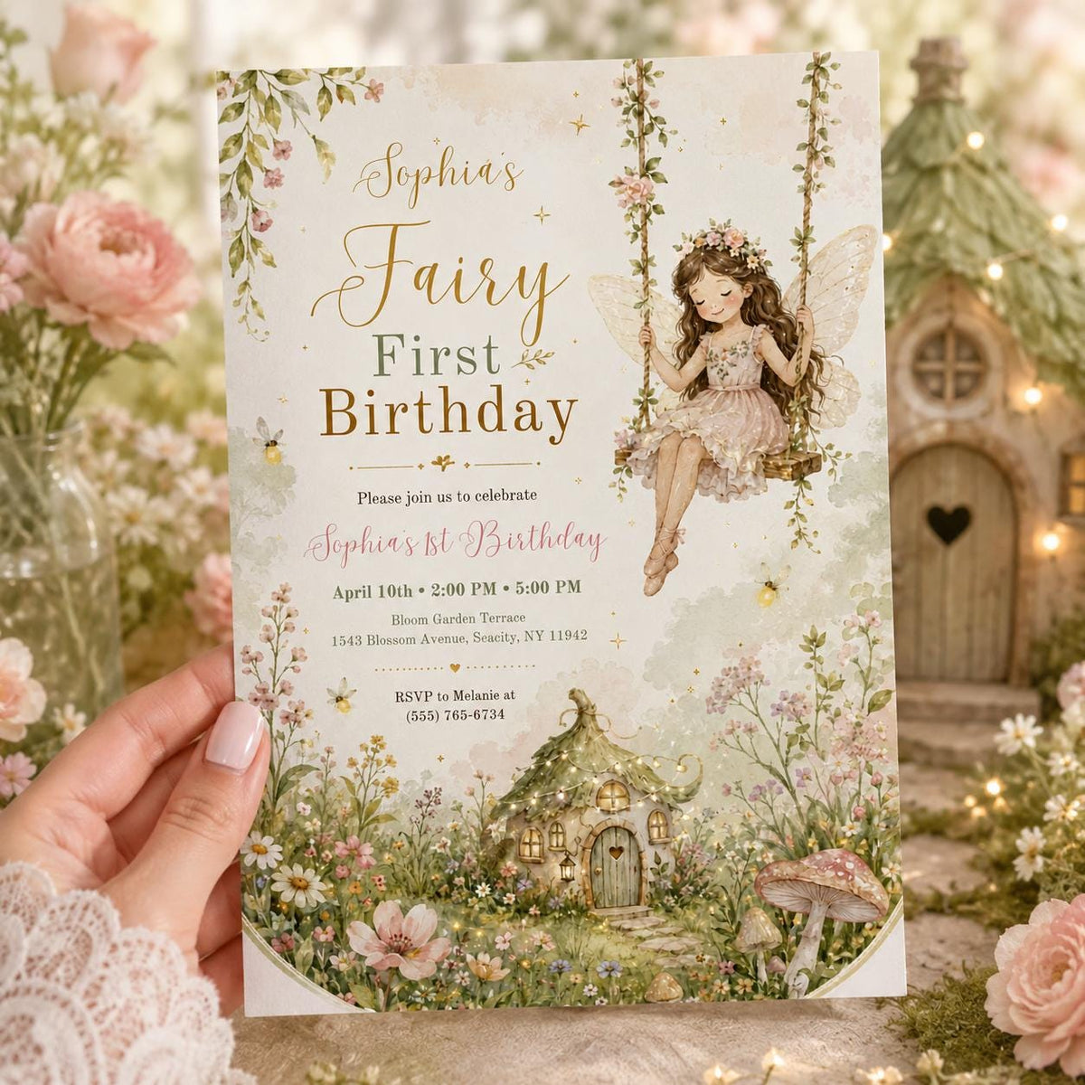 Pink Watercolor Fairy 1st Birthday Invitation Printed or Digital — invitation you personalize in Canva