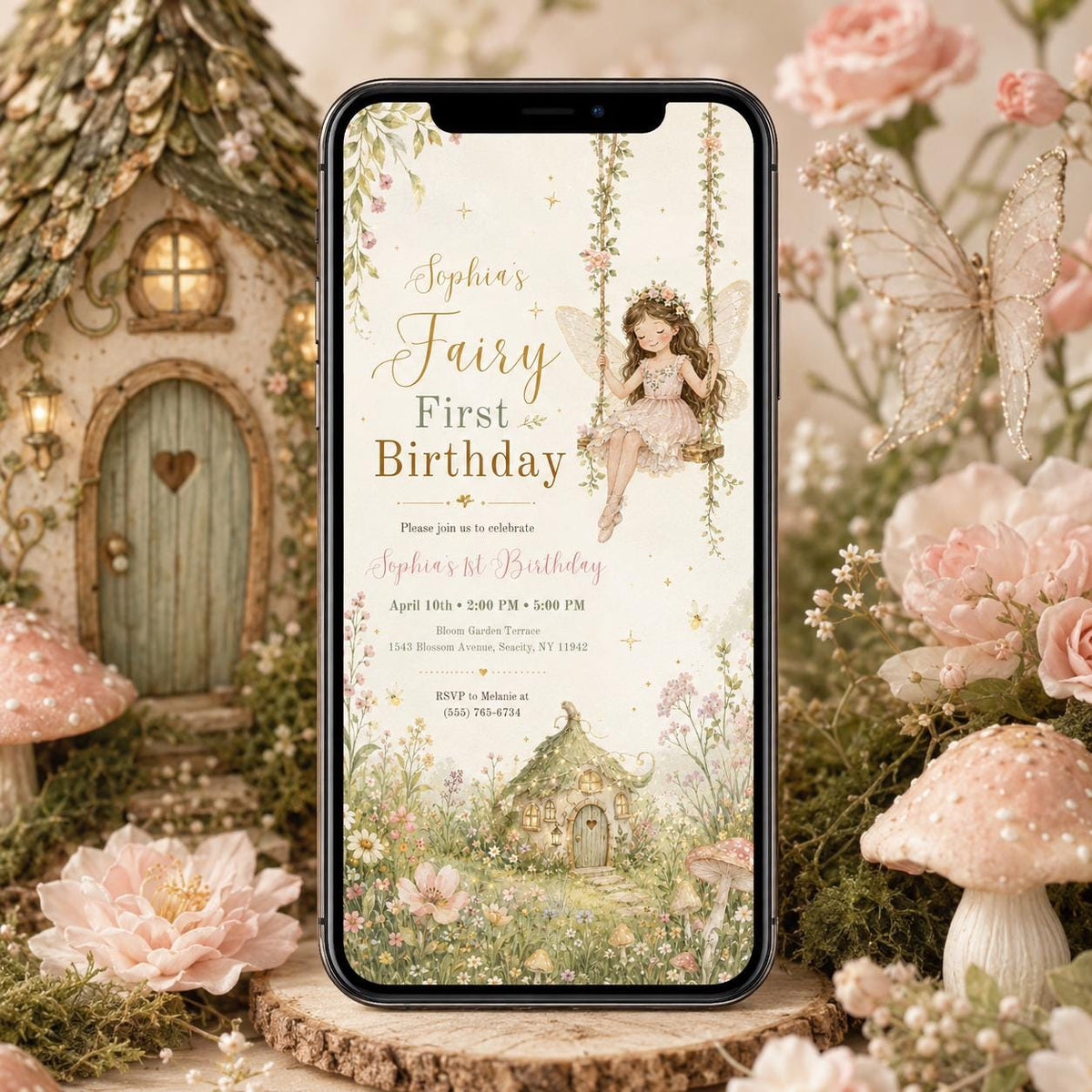 Pink Watercolor Fairy 1st Birthday Invitation Printed or Digital — floral first birthday design