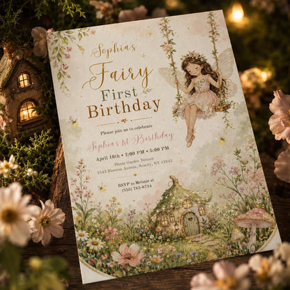 Pink Watercolor Fairy 1st Birthday Invitation Printed or Digital — print-ready first birthday design from VoltBy