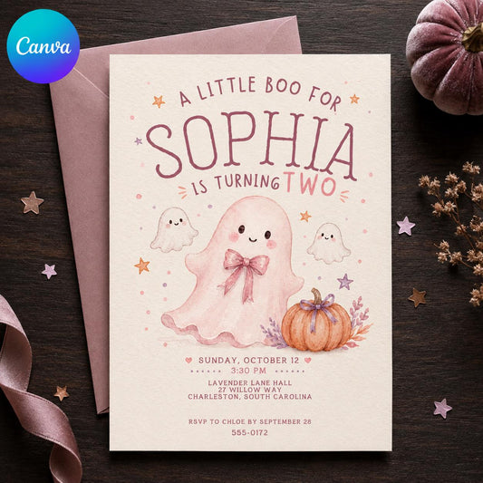 Pink Watercolor Ghost 2nd Birthday Invitation — editable Canva template