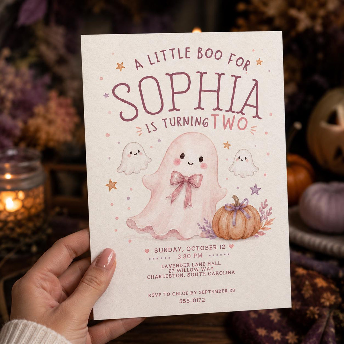 Pink Watercolor Ghost 2nd Birthday Invitation — pastel 2nd birthday party design