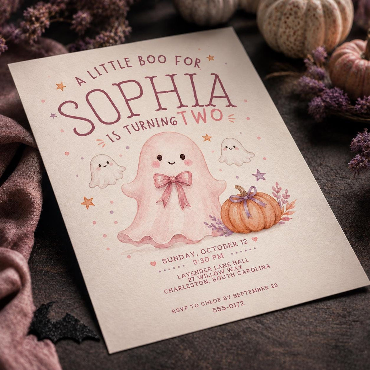 Pink Watercolor Ghost 2nd Birthday Invitation — digital invitation, instant download