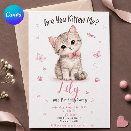 Pink Watercolor Kitten 10th Birthday Invitation for Girls — editable Canva template