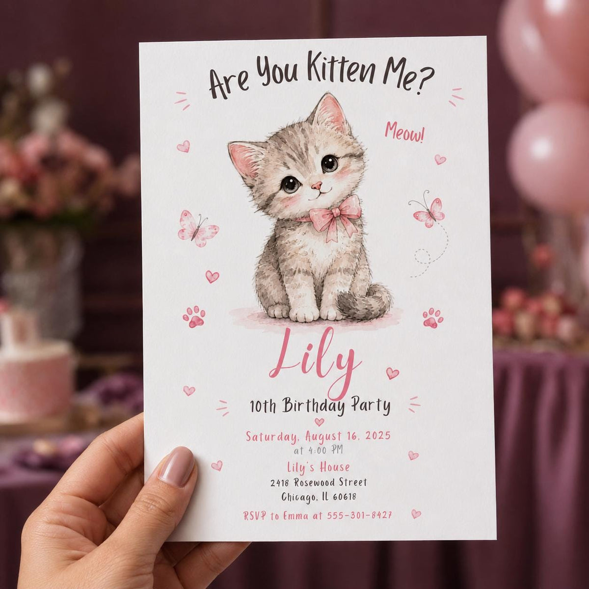 Pink Watercolor Kitten 10th Birthday Invitation for Girls — invitation you personalize in Canva