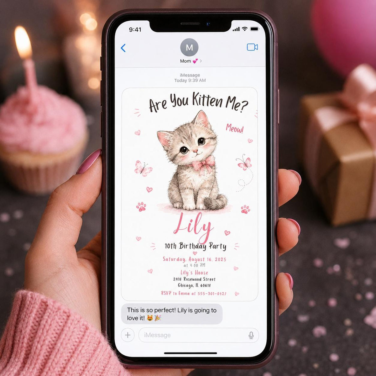 Pink Watercolor Kitten 10th Birthday Invitation for Girls — print-ready 10th birthday party design from VoltBy