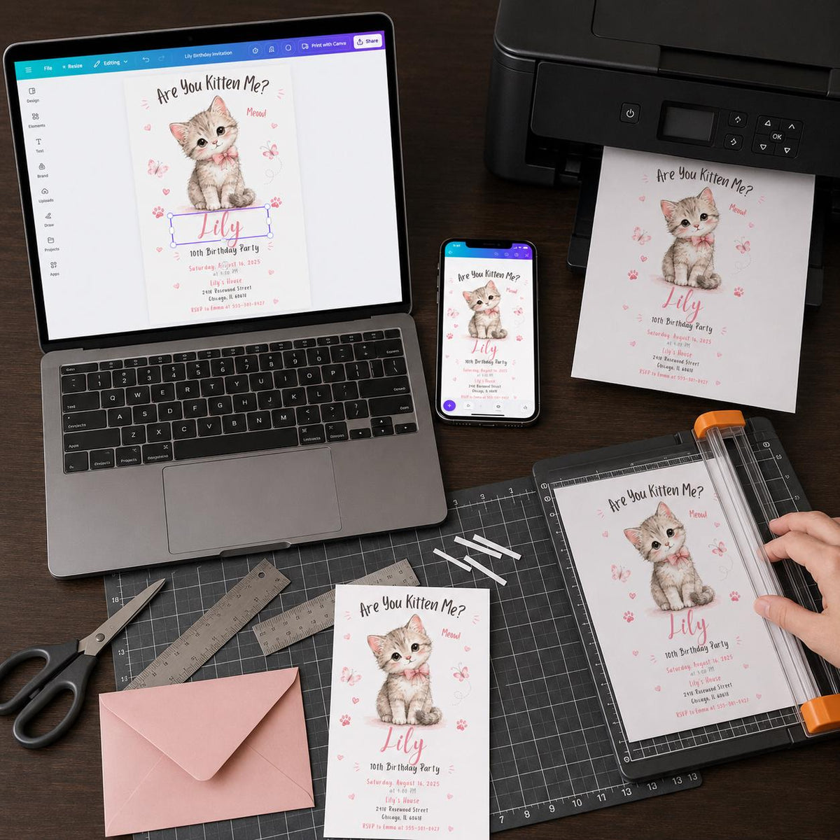 Pink Watercolor Kitten 10th Birthday Invitation for Girls — digital invitation, instant download