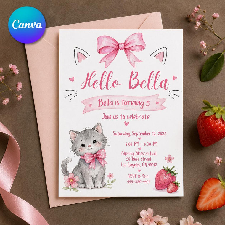 Pink Watercolor Kitten 5th Birthday Invitation for Girls