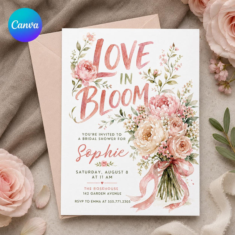 Pink Watercolor Love in Bloom Bridal Shower Invitation