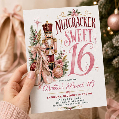 Pink Watercolor Nutcracker Sweet 16 Invitation — invitation you personalize in Canva