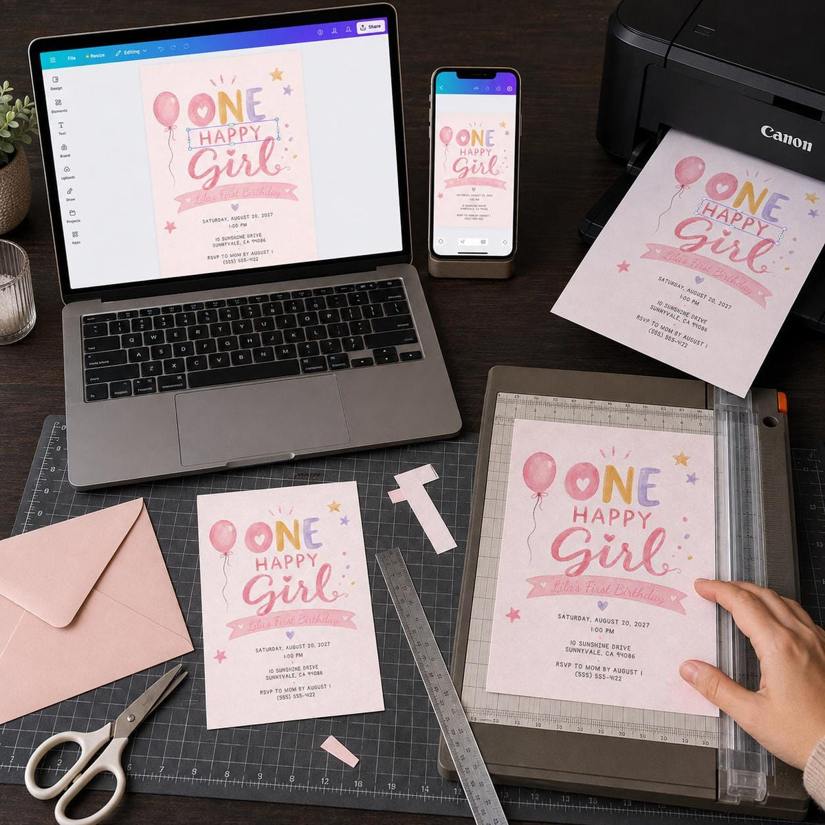 Pink Watercolor One Happy Girl First Birthday Invitation — print-ready first birthday design from VoltBy