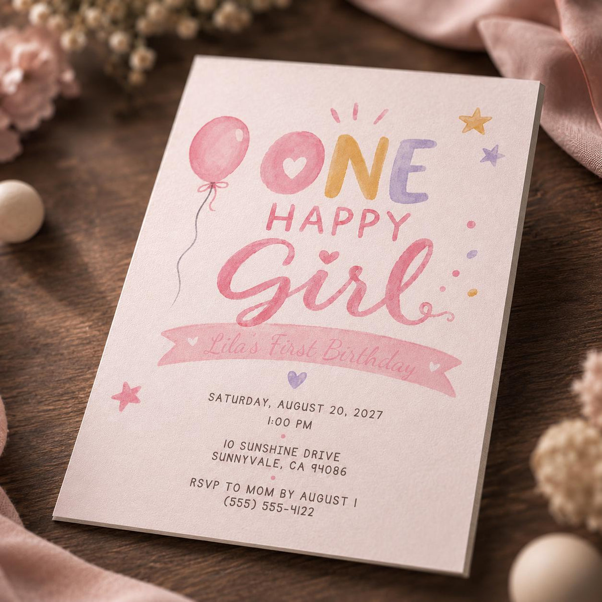 Pink Watercolor One Happy Girl First Birthday Invitation — digital invitation, instant download