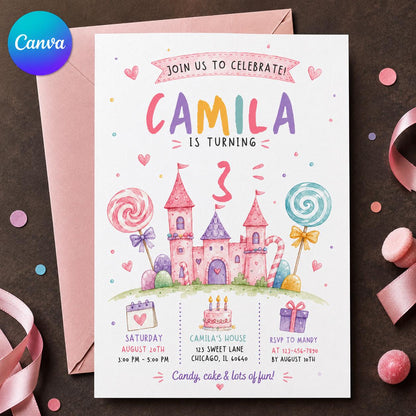 Pink Watercolor Sweet Candy Party Invitation for Girls — editable Canva template