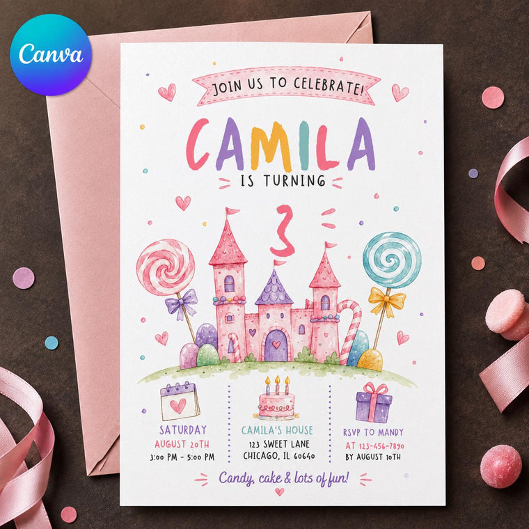 Pink Watercolor Sweet Candy Party Invitation for Girls