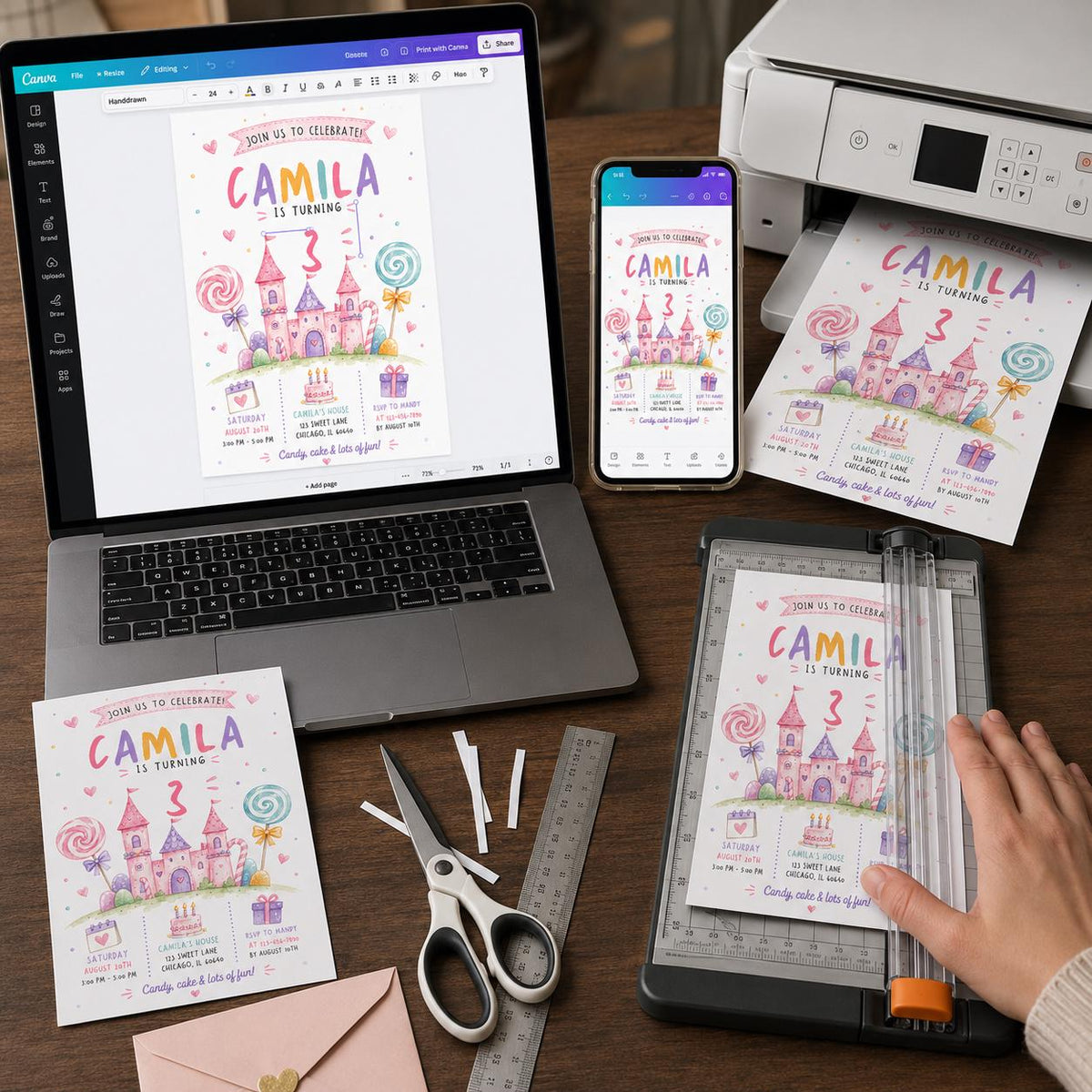 Pink Watercolor Sweet Candy Party Invitation for Girls — castle design