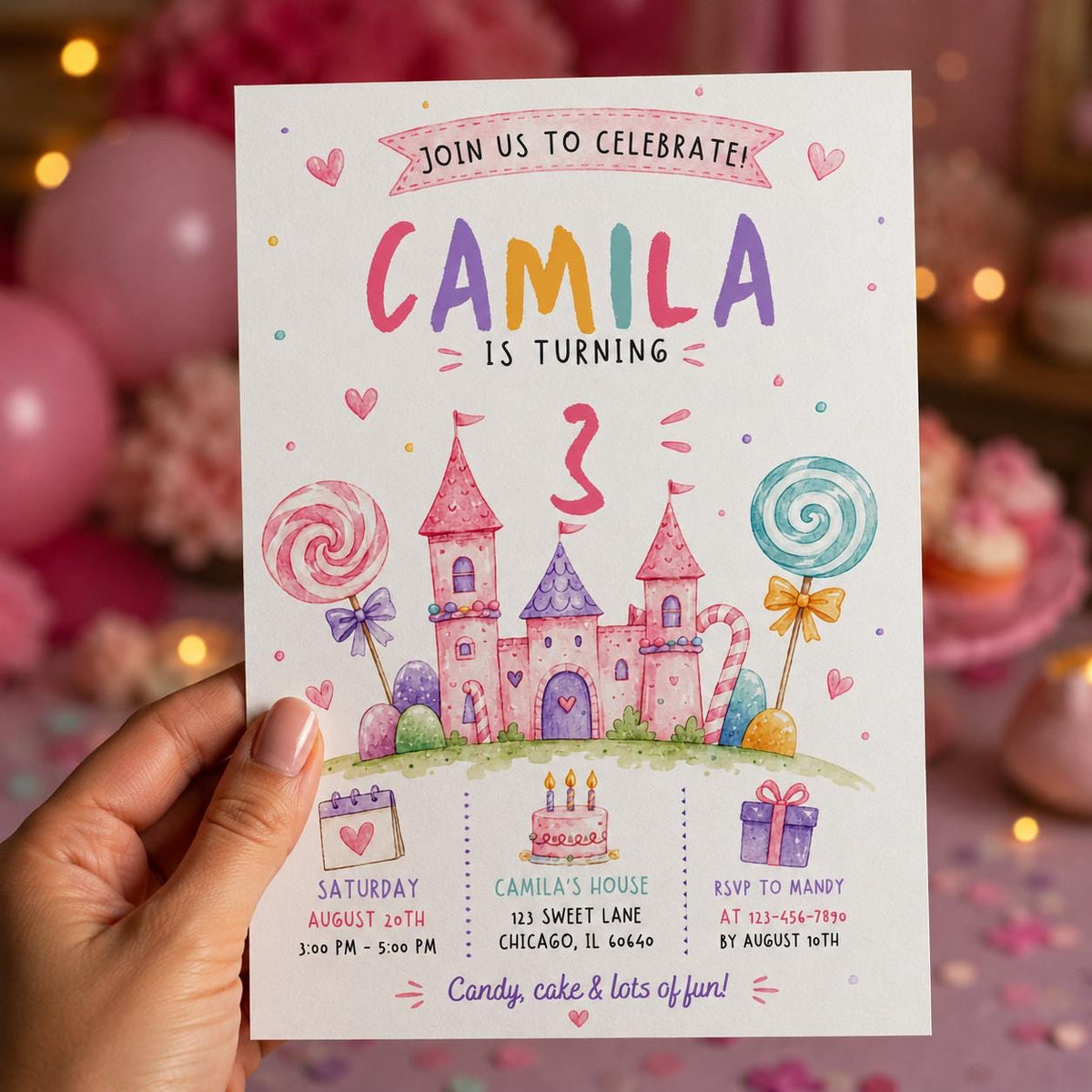 Pink Watercolor Sweet Candy Party Invitation for Girls — digital invitation, instant download