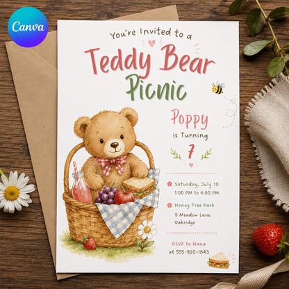 Pink Watercolor Teddy Bear Picnic 7th Birthday Invitation for Girls — editable Canva template