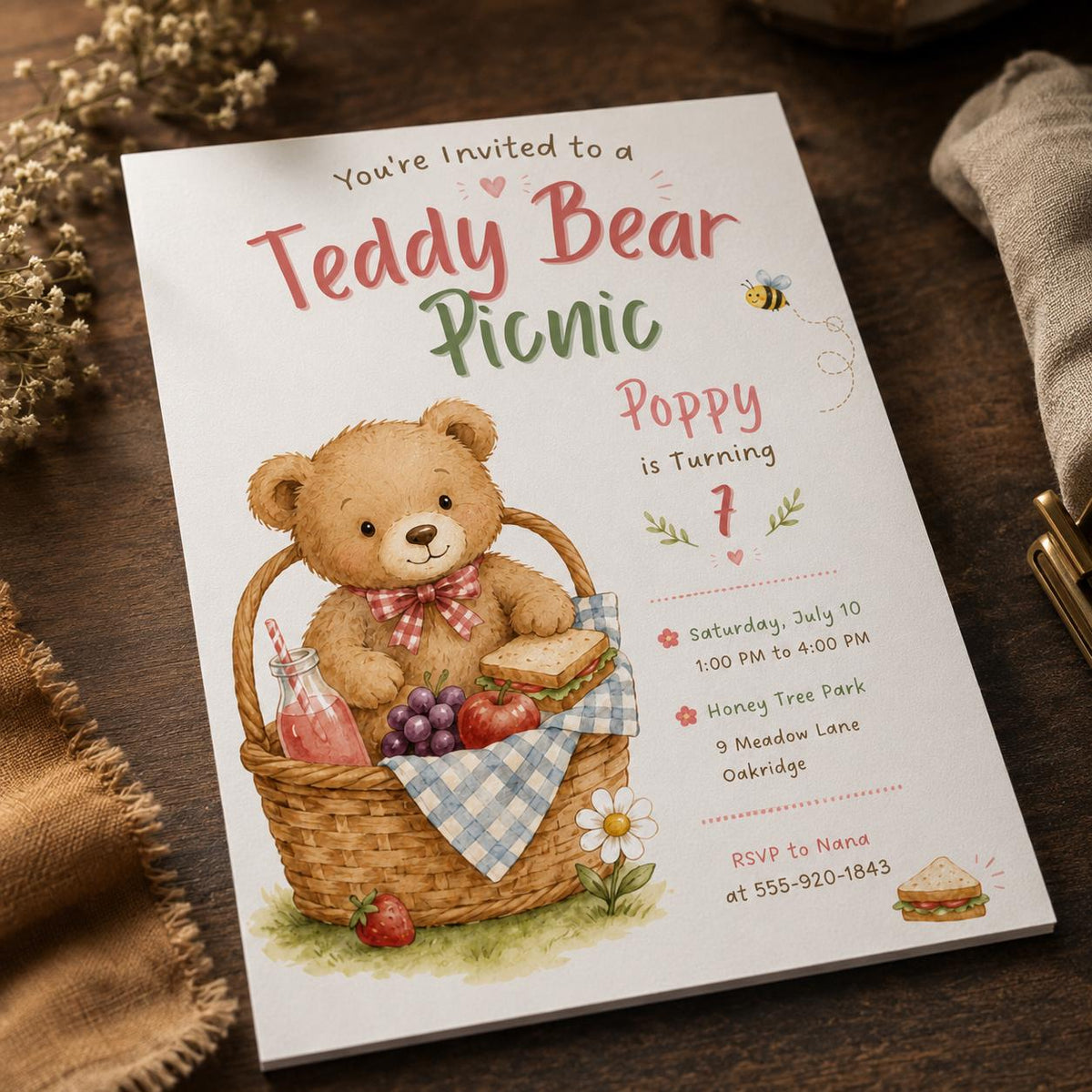 Pink Watercolor Teddy Bear Picnic 7th Birthday Invitation for Girls — digital invitation, instant download