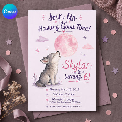 Pink Watercolor Wolf 6th Birthday Invitation — editable Canva template