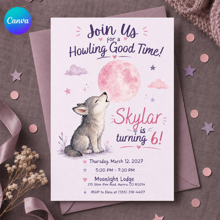 Pink Watercolor Wolf 6th Birthday Invitation