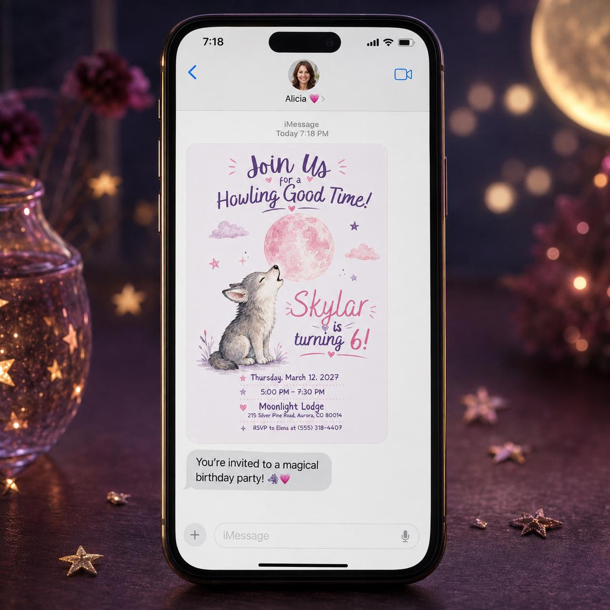 Pink Watercolor Wolf 6th Birthday Invitation — celestial design