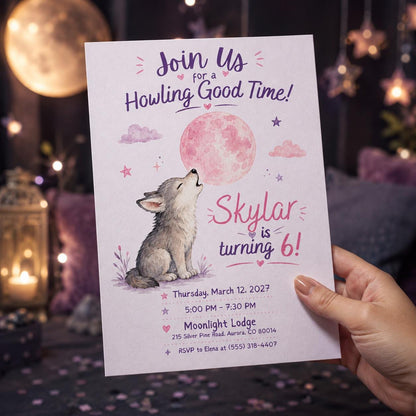 Pink Watercolor Wolf 6th Birthday Invitation — invitation you personalize in Canva