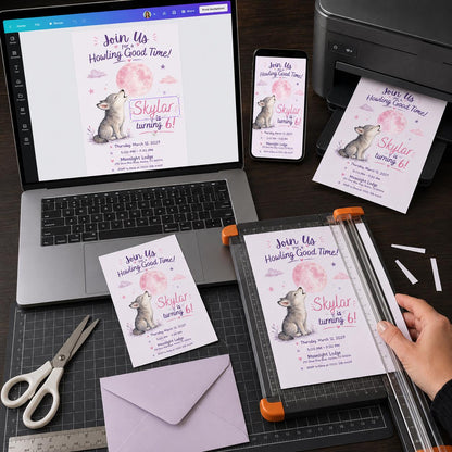 Pink Watercolor Wolf 6th Birthday Invitation — print-ready 6th birthday party design from VoltBy