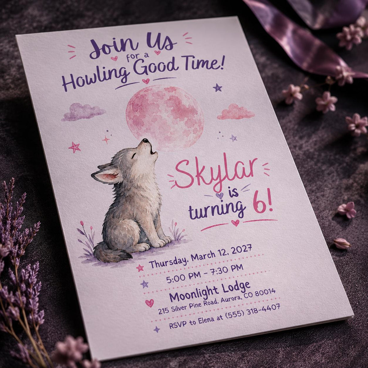 Pink Watercolor Wolf 6th Birthday Invitation — digital invitation, instant download