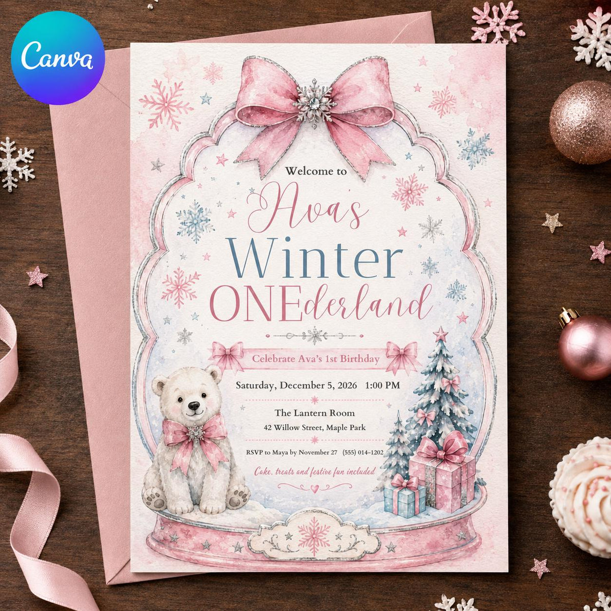 Pink Winter ONEderland 1st Birthday Invitation for Girls — editable Canva template