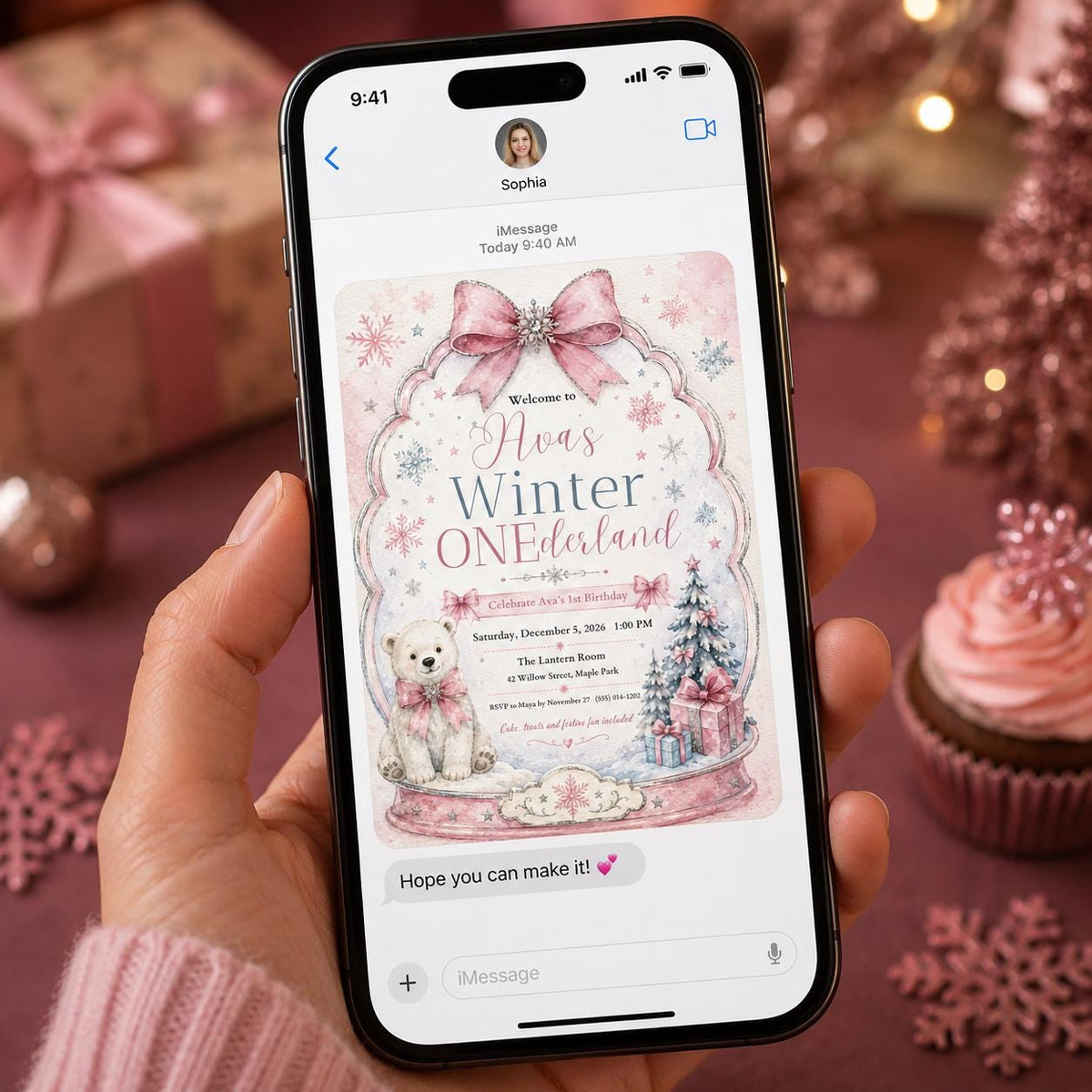 Pink Winter ONEderland 1st Birthday Invitation for Girls — snowflake and teddy bear design
