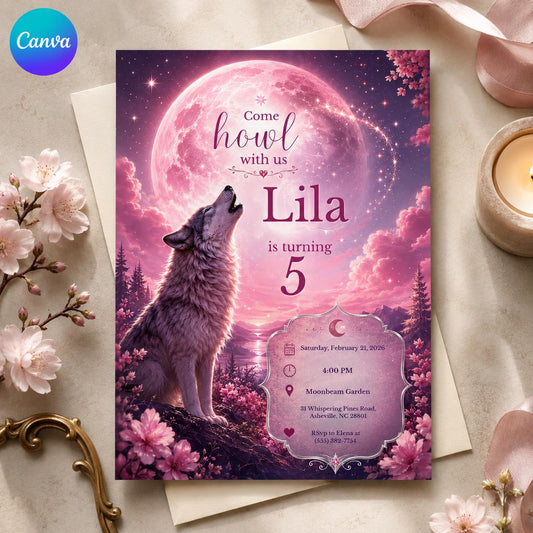 Pink Wolf 5th Birthday Invitation for Girls — editable Canva template