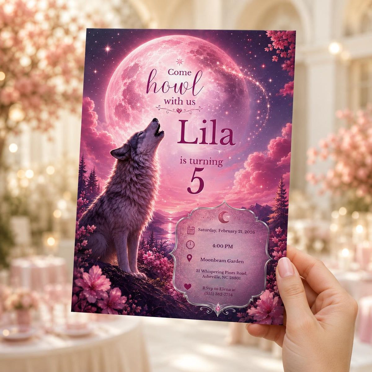 Pink Wolf 5th Birthday Invitation for Girls — celestial design