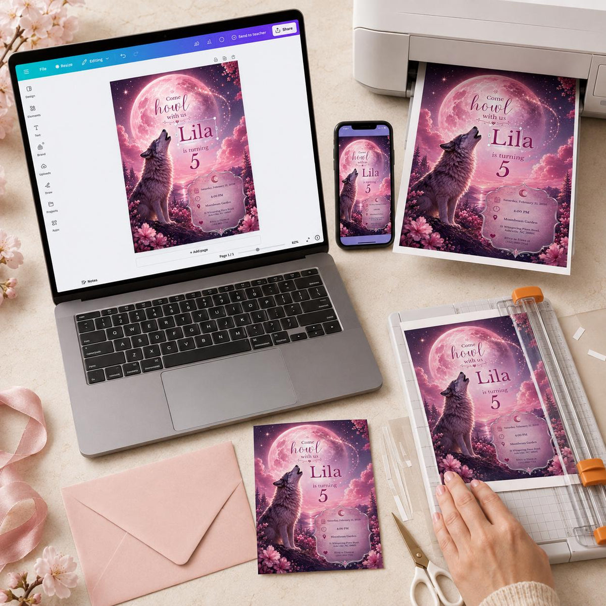 Pink Wolf 5th Birthday Invitation for Girls — invitation you personalize in Canva